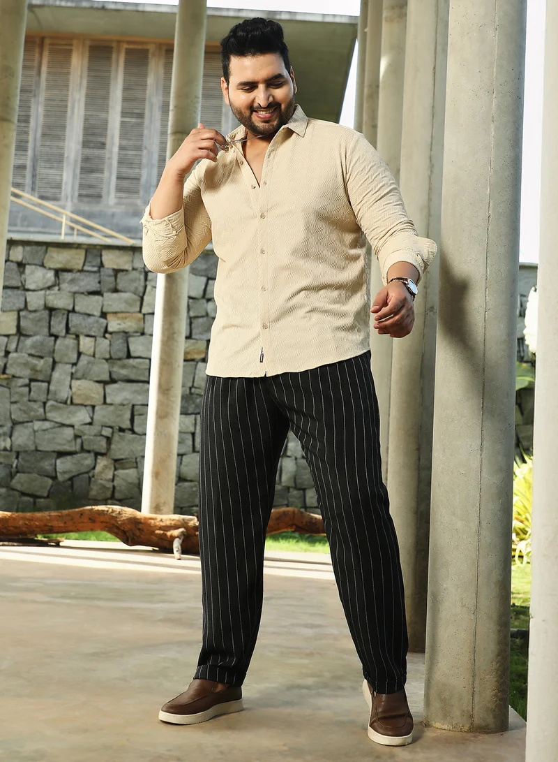 Instafab Plus Instafab Plus Men's Khaki Beige Chevron-Tactile Shirt For Casual Wear | Spread Collar | Long Cuffed Sleeves | Button Closure | Plus Size Shirt Crafted With Comfort Fit For Everyday Wear