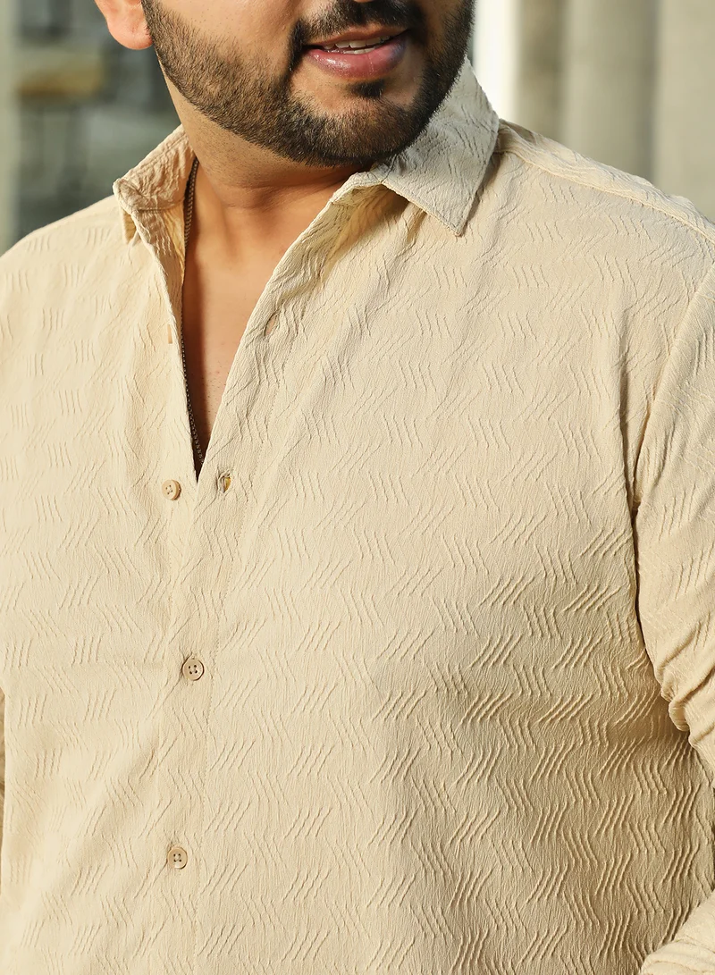 Instafab Plus Instafab Plus Men's Khaki Beige Chevron-Tactile Shirt For Casual Wear | Spread Collar | Long Cuffed Sleeves | Button Closure | Plus Size Shirt Crafted With Comfort Fit For Everyday Wear