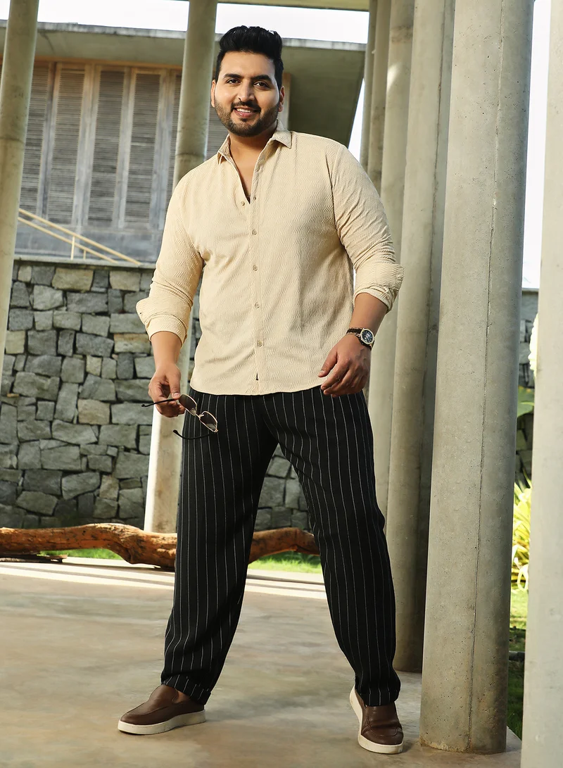 Instafab Plus Instafab Plus Men's Khaki Beige Chevron-Tactile Shirt For Casual Wear | Spread Collar | Long Cuffed Sleeves | Button Closure | Plus Size Shirt Crafted With Comfort Fit For Everyday Wear
