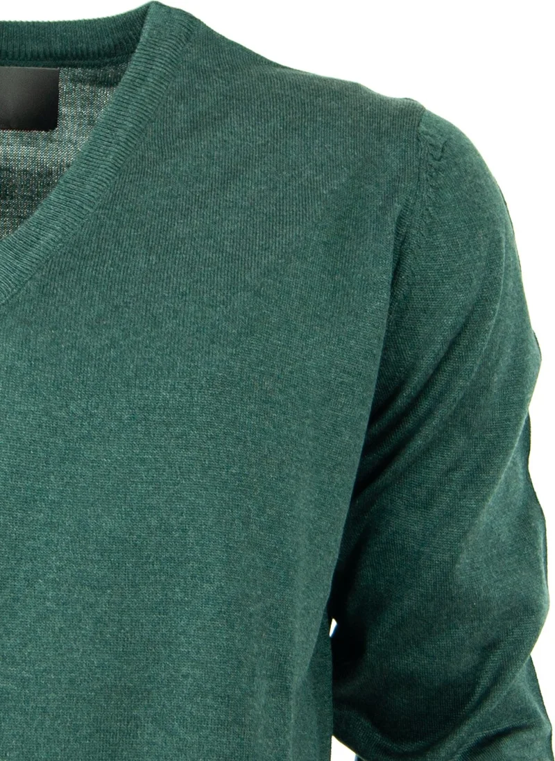 اوبلاند Men's Long Sleeve V-Neck Solid Color Classic Model Comfortable Cut Full Pattern Wool Woven Sweater