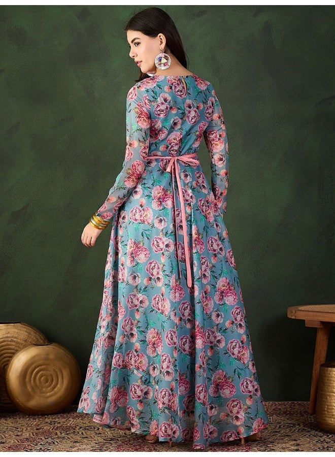 AKS Teal Blue Floral Flared Maxi Dress With SequinnedBelt  - Image 4