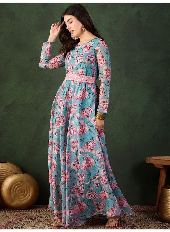 AKS Teal Blue Floral Flared Maxi Dress With SequinnedBelt  - Image 5