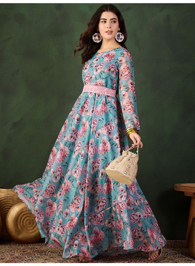 AKS Teal Blue Floral Flared Maxi Dress With SequinnedBelt  - Image 1