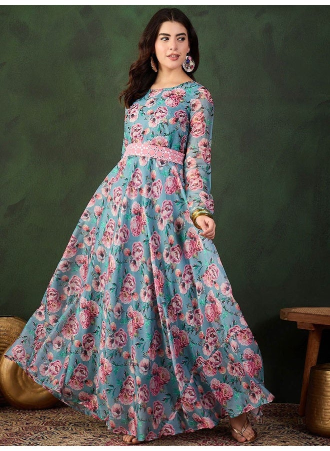 AKS Teal Blue Floral Flared Maxi Dress With SequinnedBelt  - Image 2