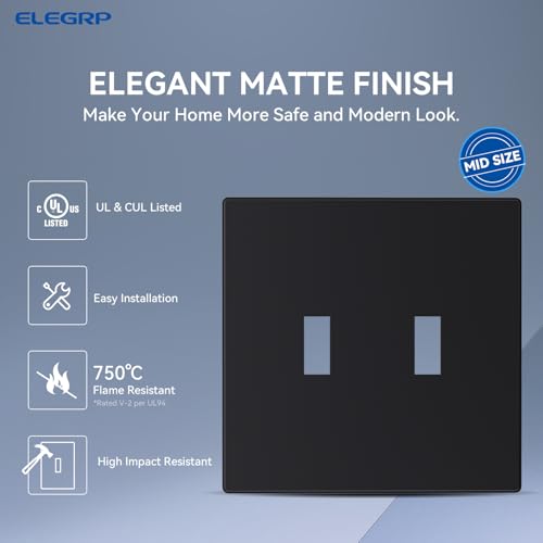ELEGRP 2Gang Screwless Toggle Wall Plates MidSize Unbreakable Thermoplastic Faceplate Cover for Toggle Wall Switch Dimmer Switch UL Listed 10 Pack Matte Black - Image 3