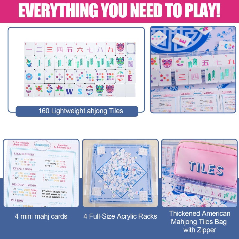 LaRandom Mini Mahjong Tiles Set - 0.12'' Thickness American Mahjong Starter Set with Tiles, Racks, Storage Bag & Rules Card for Travel Family Friends Amusement Night Holiday Gathering Entertainment - Image 3