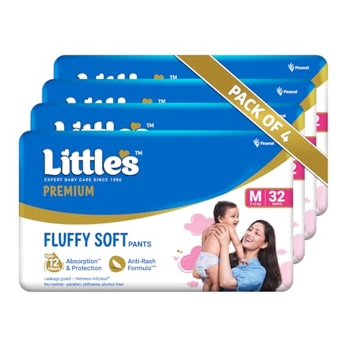 Little's Premium Baby Diapers M Size (Medium) Pants Style | 7-12 kg | 128 Count | FluffySoft Baby Diaper with Leakage Guard, Wetness Indicator & 12 Hours Absorption | (32 Count, Pack of 4) - Image 1