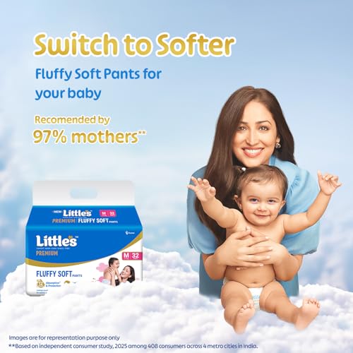 Little's Premium Baby Diapers M Size (Medium) Pants Style | 7-12 kg | 128 Count | FluffySoft Baby Diaper with Leakage Guard, Wetness Indicator & 12 Hours Absorption | (32 Count, Pack of 4) - Image 2