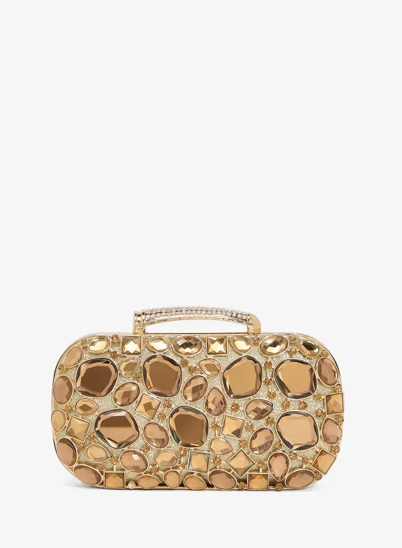 Khizana Embroidered Jeweled Gold Clutch