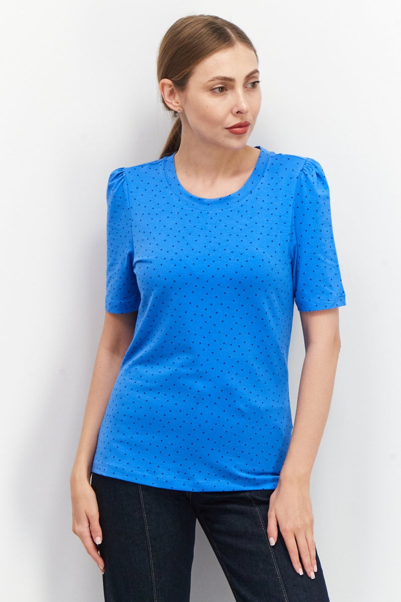 Tchibo Women Round Neck Short Sleeves Micro Dot T-Shirt, Blue - Image 1