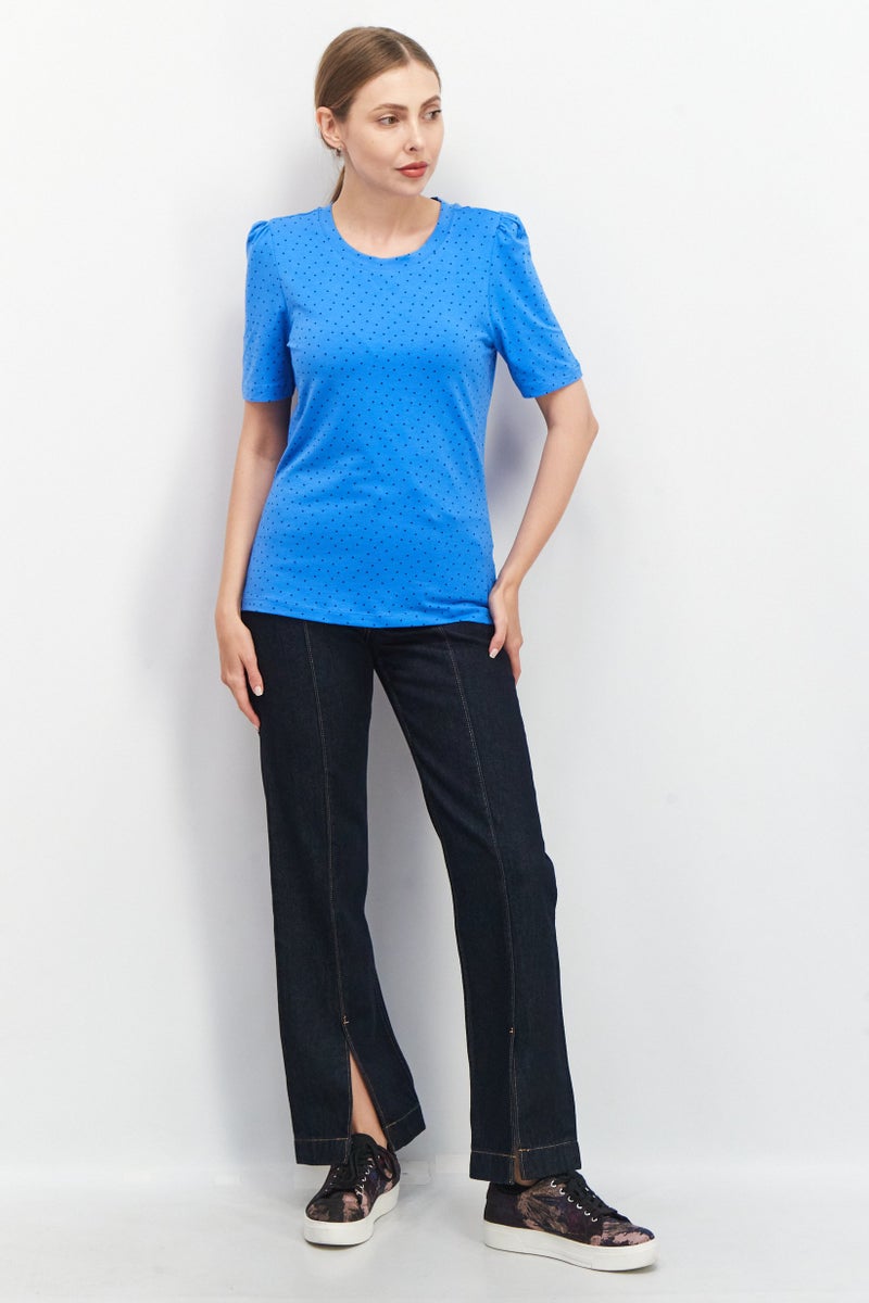 Tchibo Women Round Neck Short Sleeves Micro Dot T-Shirt, Blue - Image 4