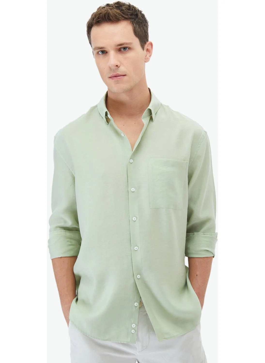 Kip Light Green Plain Oversize Fit Woven Casual Shirt