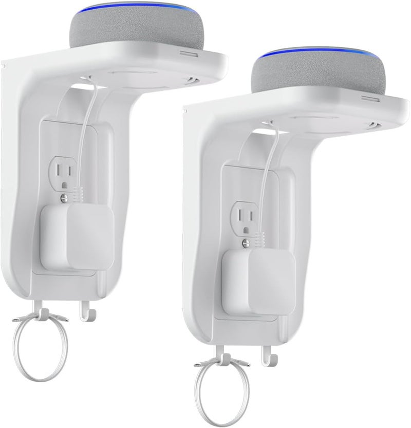 Suptek Wall Outlet Shelf 2 Pack,Home Wall Shelf Organizer for Outlets,Perfect for Bathroom, Kitchen, Bedrooms,Hold Cell Phone,Speaker up to 20lbs,With Cable Management and Detachable Hooks,White(S3W2) - Image 1