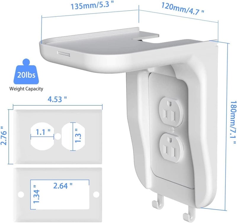 Suptek Wall Outlet Shelf 2 Pack,Home Wall Shelf Organizer for Outlets,Perfect for Bathroom, Kitchen, Bedrooms,Hold Cell Phone,Speaker up to 20lbs,With Cable Management and Detachable Hooks,White(S3W2) - Image 3