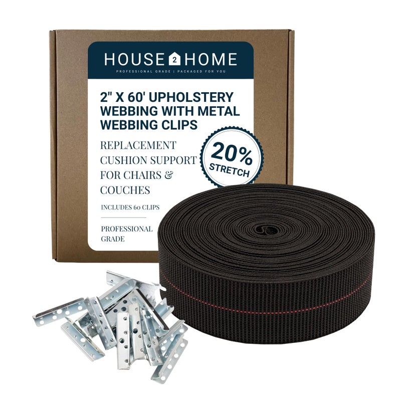 House2Home Replacement Elastic Webbing Kit to Repair Sagging Couch Chair Lawnand Patio Furniture Includes Installation Instructions 2 Inch Wide x 60 Ft Metal Webbing Clips
