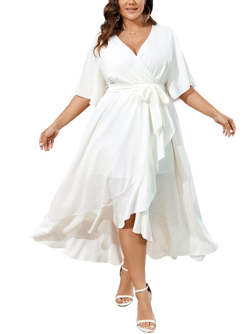 SCOMCHIC Women Plus Size Maxi Dress Short Sleeve Wrap V Neck High Low Split Ruffle Long Dress White - Image 1