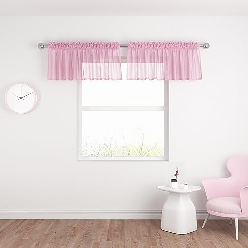 UPOPO Pink Valance 15 inches Long Sheer Curtain Valance Living Room Bedroom Kitchen Voile Transparent Light Filtering Valance Curtain Small Short Door Window Treatment 2 Panels Rod Pocket - Image 2