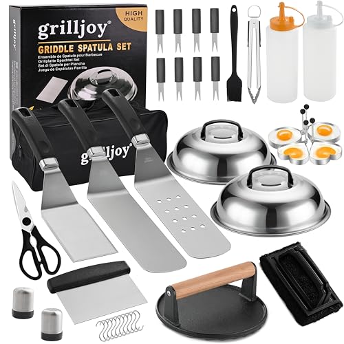 grilljoy مجموعة أدوات الشواء الاحترافية من جريل جوي مع مكبس البرجر - ملعقة شواء سميكة إضافية، مقلّب، مقلّب - مجموعة أدوات الشواء المسطحة 38 قطعة للشواء في الهواء الطلق، تبيانيكي، التخييم والطهي - Image 1