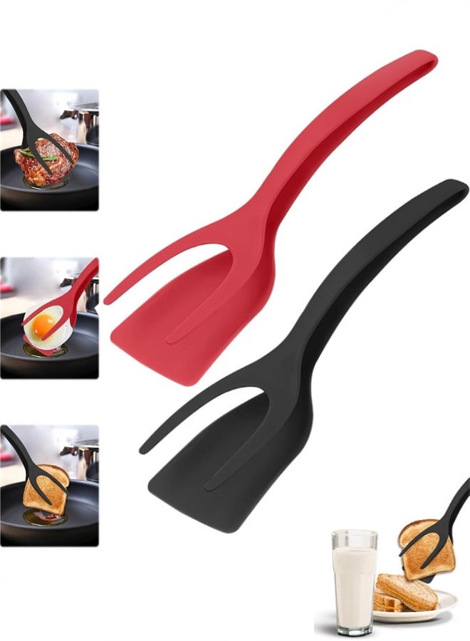 2 في 1 ملقط قبضة وملعقة تقليب البيض 2 في 1، 2 عبوة ملقط تقليب البيض ملقط تقليب البيض مزدوج الوجهين لخبز الفطائر، ملعقة مطبخ متعددة الاستخدامات لطبخ المطبخ، أسود أحمر - Image 1