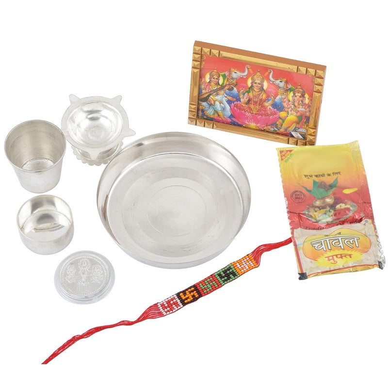 Memoir Silver plated 8 pcs Pooja articles thali combo for festival marriages Brass - Image 1