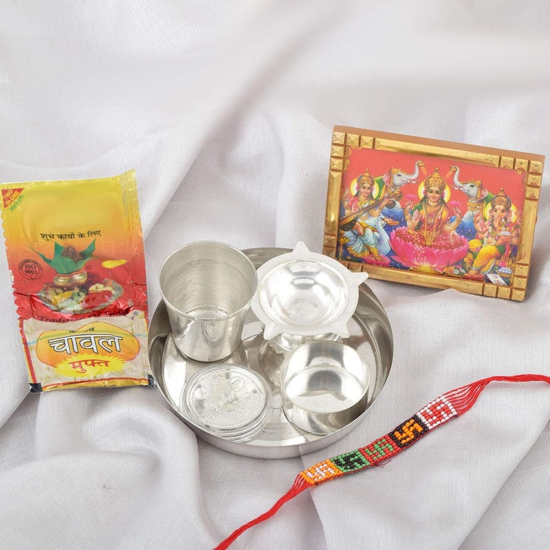 Memoir Silver plated 8 pcs Pooja articles thali combo for festival marriages Brass - Image 3