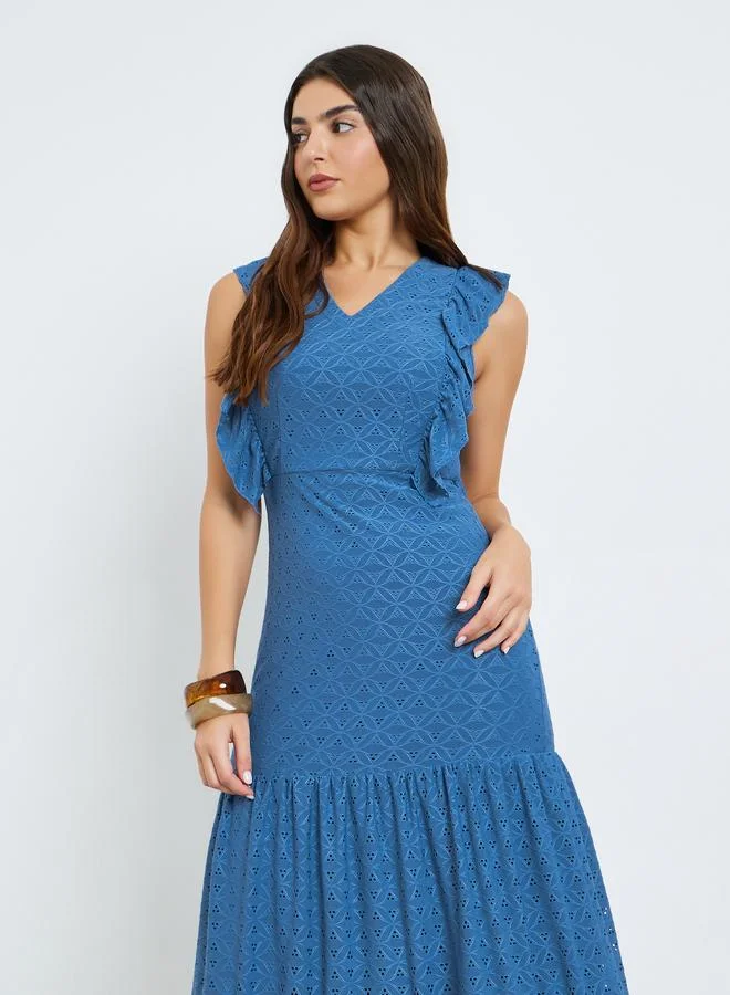 Styli Blue Ruffle Detail Eyelet Tiered Maxi Dress