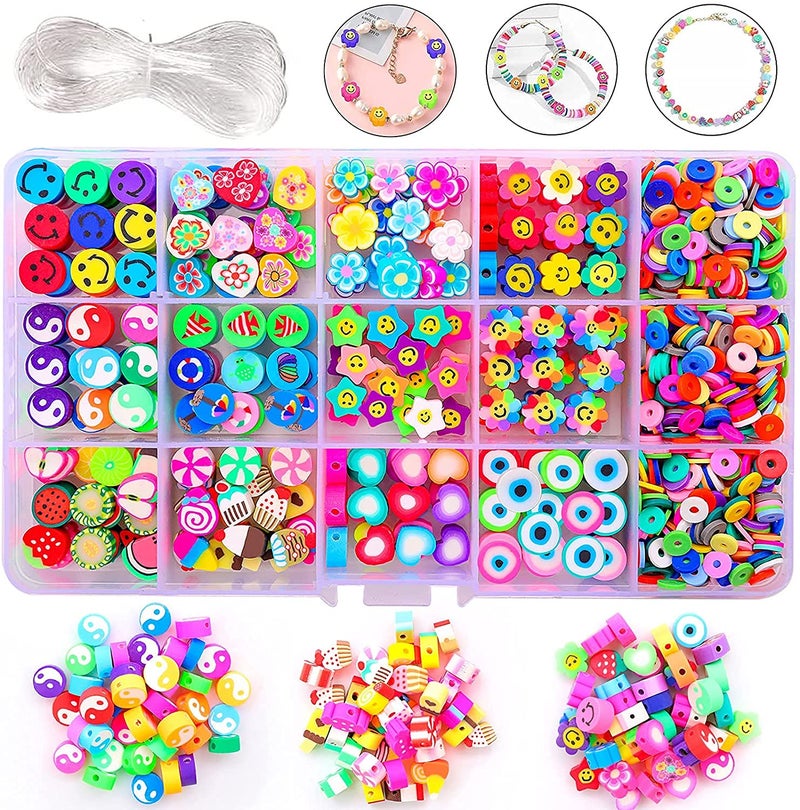 KASTWAVE Flower Smiley Face Beads Polymer Clay Bead Kit, Smiley Face Beads Set for Kids DIY, Beads Craft Set for DIY, Art and Craft with Rolls of Elastic String Cord, Charms and Rings (1140 Pcs)