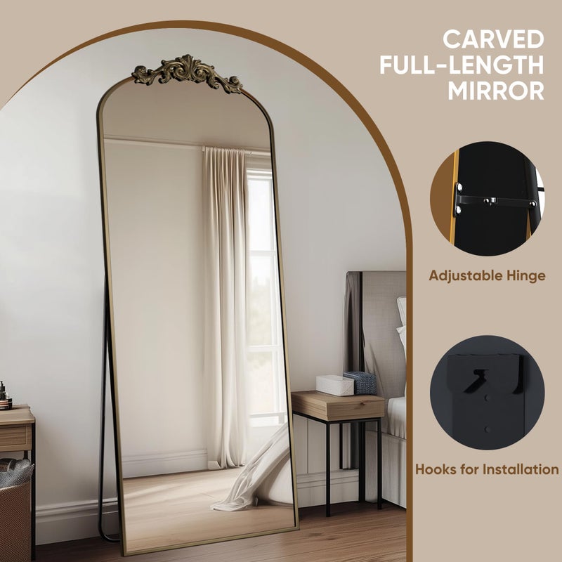 Antok Arched Full Length Mirror, 65"x22" Floor Mirror with Carved, Full Body Mirrors for HomeDecor, Standing/Halling Large Wall Mirror for Bedroom, Living Room, Cloakroom, Bronze, Retro Style - Image 5
