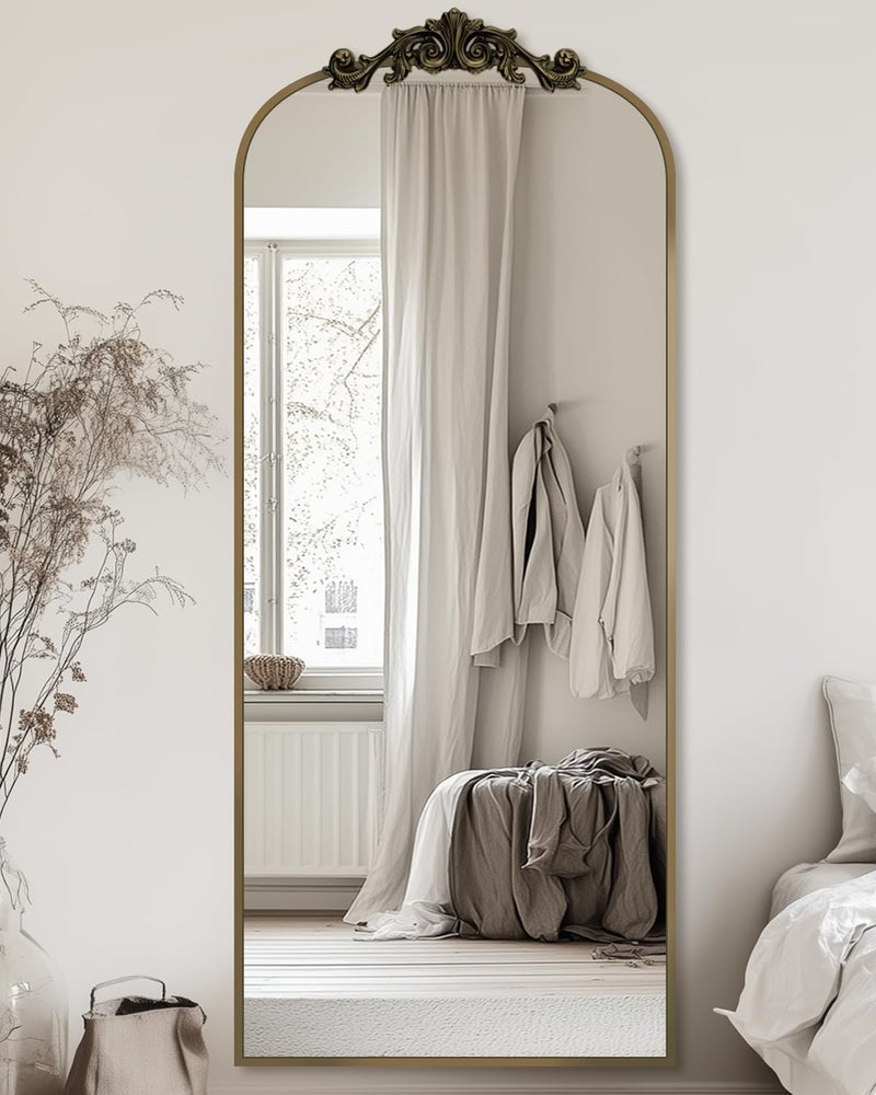 Antok Arched Full Length Mirror, 65"x22" Floor Mirror with Carved, Full Body Mirrors for HomeDecor, Standing/Halling Large Wall Mirror for Bedroom, Living Room, Cloakroom, Bronze, Retro Style - Image 1