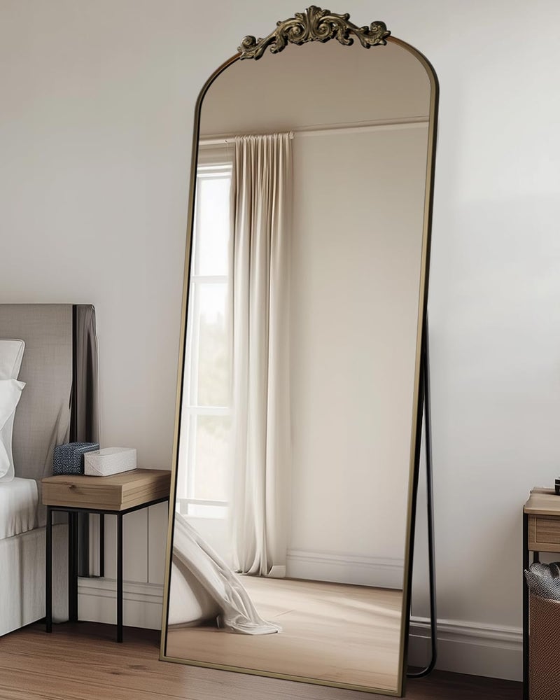 Antok Arched Full Length Mirror, 65"x22" Floor Mirror with Carved, Full Body Mirrors for HomeDecor, Standing/Halling Large Wall Mirror for Bedroom, Living Room, Cloakroom, Bronze, Retro Style - Image 2