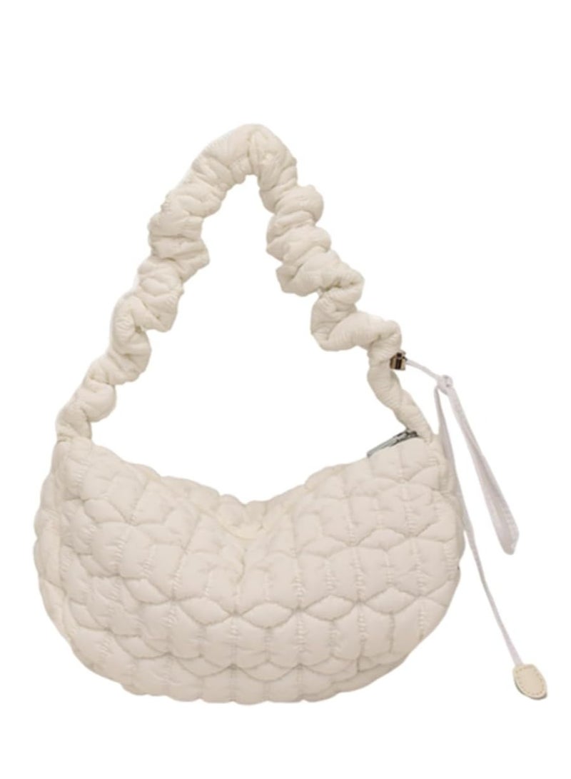 Puffer Bag, Tote Bag for Women, Quilted Padded Tote Bags for Women, Lightweight Puffy Tote Bag with Compartments, Puffy Hobo Purse, Lightweight Down Cotton Cloud Pleated Crossbody Bag, White