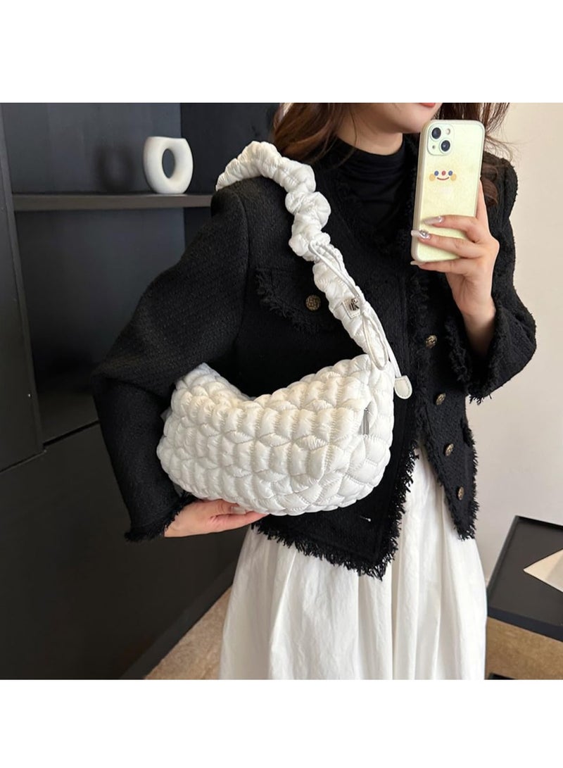 Puffer Bag, Tote Bag for Women, Quilted Padded Tote Bags for Women, Lightweight Puffy Tote Bag with Compartments, Puffy Hobo Purse, Lightweight Down Cotton Cloud Pleated Crossbody Bag, White