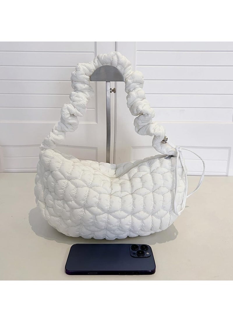 Puffer Bag, Tote Bag for Women, Quilted Padded Tote Bags for Women, Lightweight Puffy Tote Bag with Compartments, Puffy Hobo Purse, Lightweight Down Cotton Cloud Pleated Crossbody Bag, White