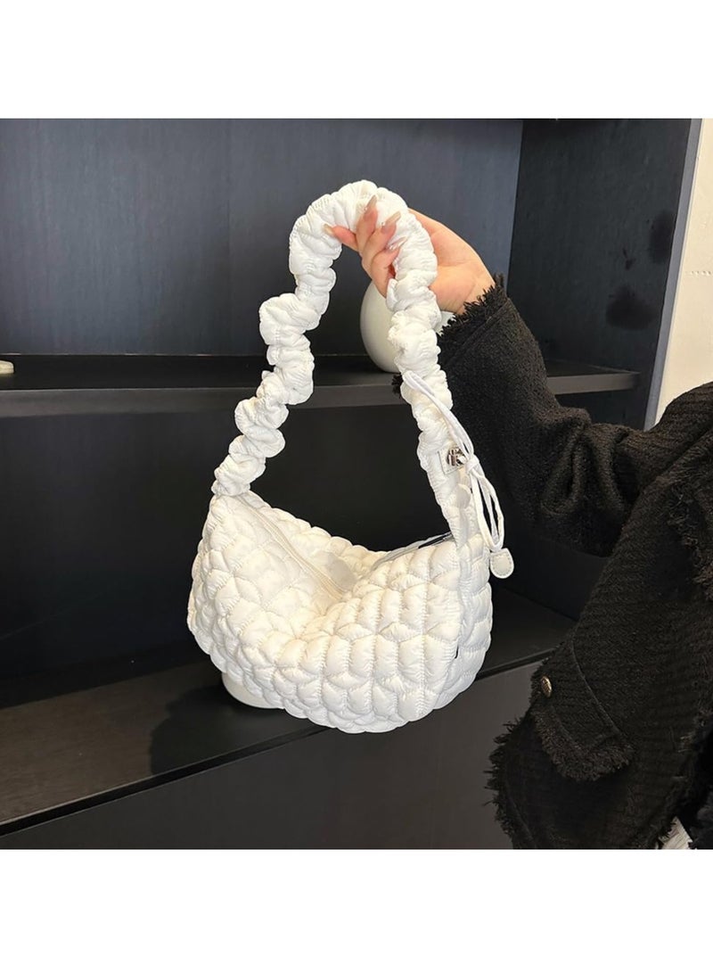 Puffer Bag, Tote Bag for Women, Quilted Padded Tote Bags for Women, Lightweight Puffy Tote Bag with Compartments, Puffy Hobo Purse, Lightweight Down Cotton Cloud Pleated Crossbody Bag, White