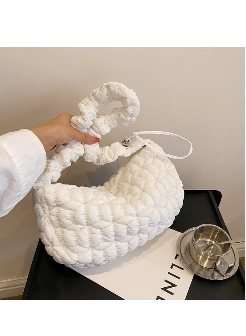 Puffer Bag, Tote Bag for Women, Quilted Padded Tote Bags for Women, Lightweight Puffy Tote Bag with Compartments, Puffy Hobo Purse, Lightweight Down Cotton Cloud Pleated Crossbody Bag, White