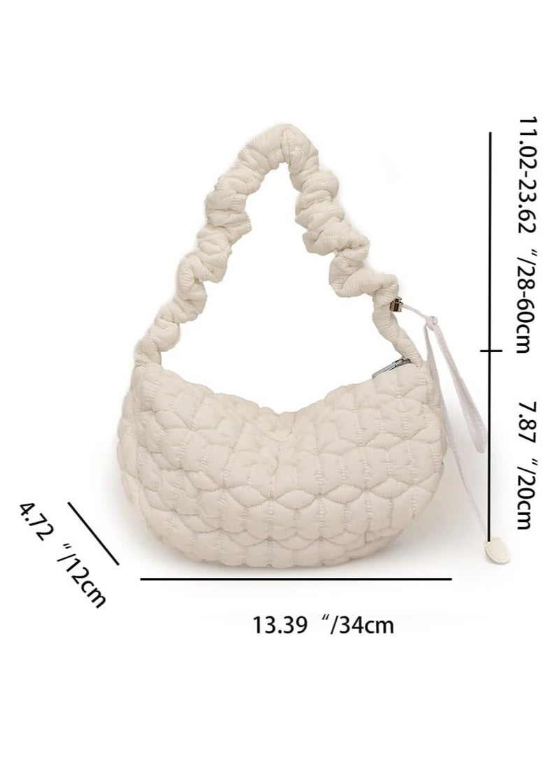 Puffer Bag, Tote Bag for Women, Quilted Padded Tote Bags for Women, Lightweight Puffy Tote Bag with Compartments, Puffy Hobo Purse, Lightweight Down Cotton Cloud Pleated Crossbody Bag, White