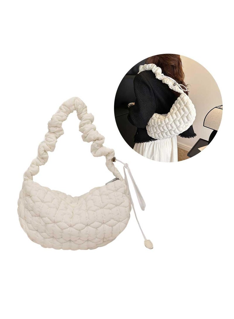 Puffer Bag, Tote Bag for Women, Quilted Padded Tote Bags for Women, Lightweight Puffy Tote Bag with Compartments, Puffy Hobo Purse, Lightweight Down Cotton Cloud Pleated Crossbody Bag, White