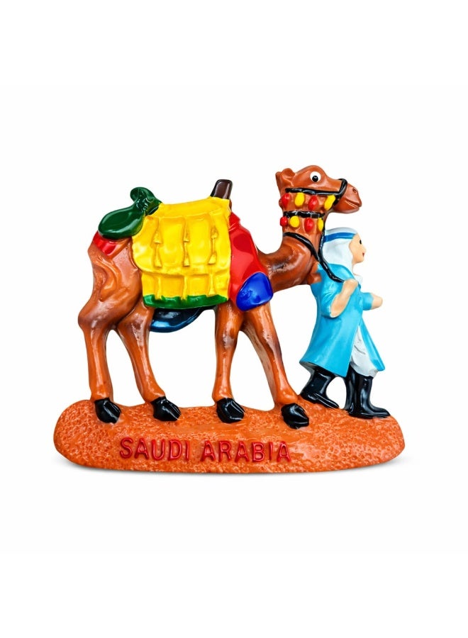 Saudi Arabia Camel Souvenir Fridge Magnet – Handcrafted 3D Ceramic Fridge Decor Featuring Traditional Bedouin Guide, Vibrant Saddle Colors, Cultural Heritage Base – Arabian Travel Gift & Keepsake - Image 1