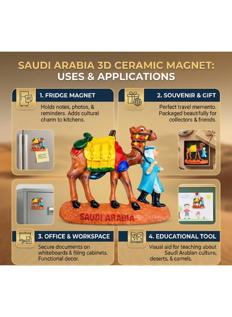 Saudi Arabia Camel Souvenir Fridge Magnet – Handcrafted 3D Ceramic Fridge Decor Featuring Traditional Bedouin Guide, Vibrant Saddle Colors, Cultural Heritage Base – Arabian Travel Gift & Keepsake - Image 3