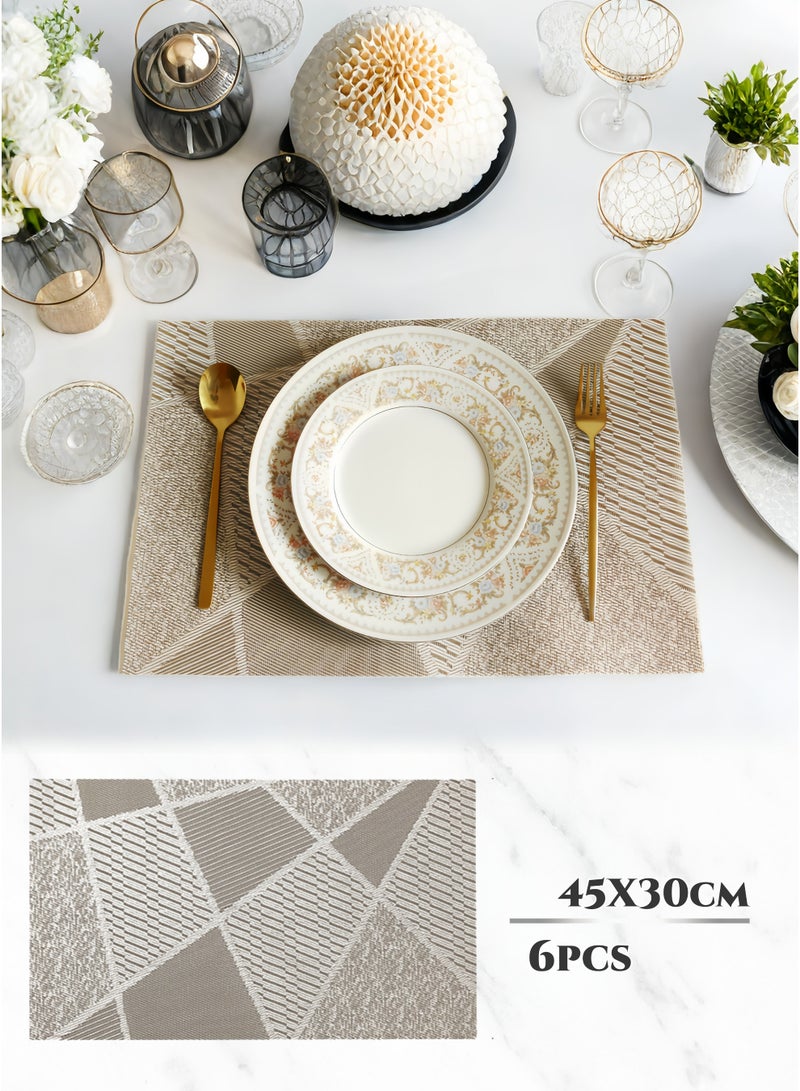 Rectangular PVC Placemats Set of 6,Beige & Brown Geometric Patterns Table Mats,Table Decoration,Waterproof Oilproof Heat-Resistant Non-Slip ,for Daily Kitchen Dinning Table, Parties, Restaurants, Weddings & Ramadan Dining,45x30cm - Image 1