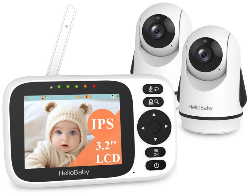 HelloBaby Baby Monitor with 3.2'' IPS Screen - Baby Camera Monitor with Remote Pan-Tilt-Zoom Camera No WiFi, Infrared Night Vision, 1000ft Wireless Connection (2 Cameras) - Image 1