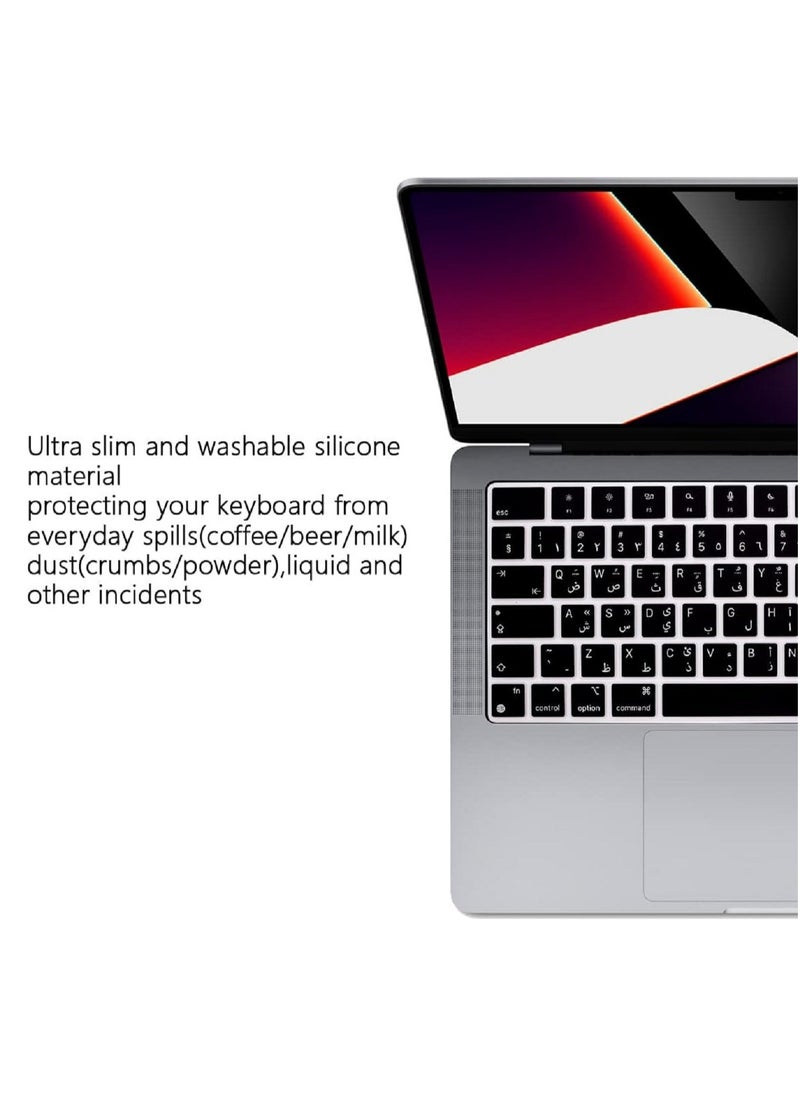 Mufaens - EU/UK Layout Arabic/English Keyboard Cover Compatible with MacBook New Air 13.6" & 15.3" M4/M3/M2 Model:-A3113/A2681/A2941/A3114 Release 2024/2023/2022"& MacBook Pro 14.2" & 16.2" M4/M3/M2/M1 Model:- A3112/A3185/A3401/A2992/A2918/A2779/A2442/ A3403/A3186/A2991/A2780/A2485 Release 2024-2021" Black - Image 1