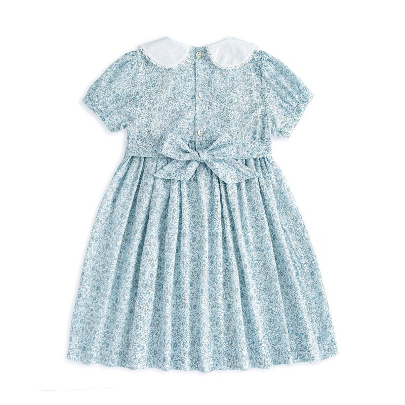 Curipeer Little Girls Summer Floral Dress Handmade Smocking Short Sleeve Summer Beach Dress Blue 4T - Image 3