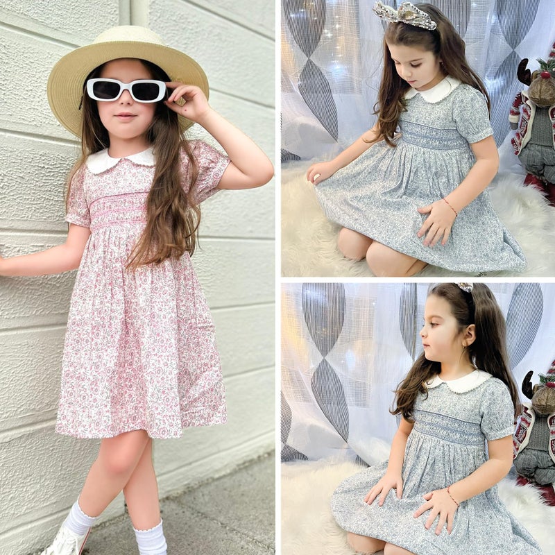 Curipeer Little Girls Summer Floral Dress Handmade Smocking Short Sleeve Summer Beach Dress Blue 4T - Image 4