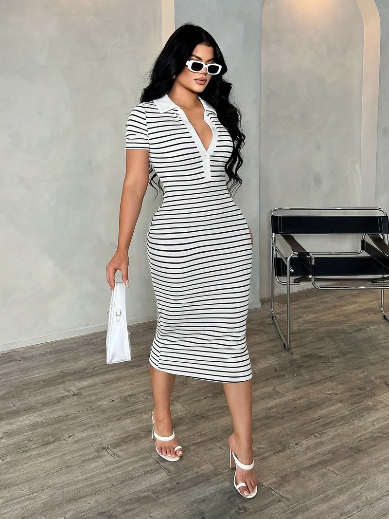 Women'S Summer Casual Elegant Business Commute Style Black And White Striped Polo Shirt Dress, Stretch Slim Fit Mid-Length Dress, French Fashion Dress Black And White Striped Bodycon Dres... - Image 4