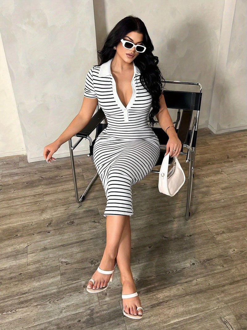 Women'S Summer Casual Elegant Business Commute Style Black And White Striped Polo Shirt Dress, Stretch Slim Fit Mid-Length Dress, French Fashion Dress Black And White Striped Bodycon Dres... - Image 3