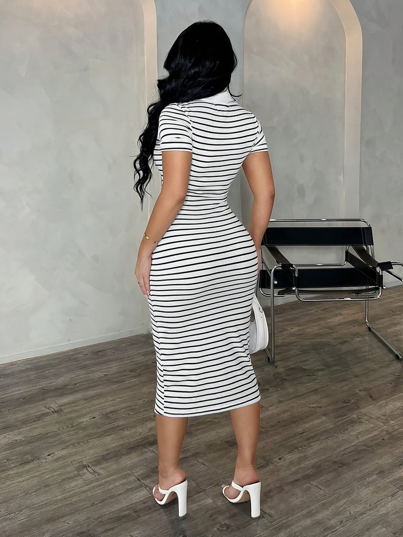 Women'S Summer Casual Elegant Business Commute Style Black And White Striped Polo Shirt Dress, Stretch Slim Fit Mid-Length Dress, French Fashion Dress Black And White Striped Bodycon Dres... - Image 5