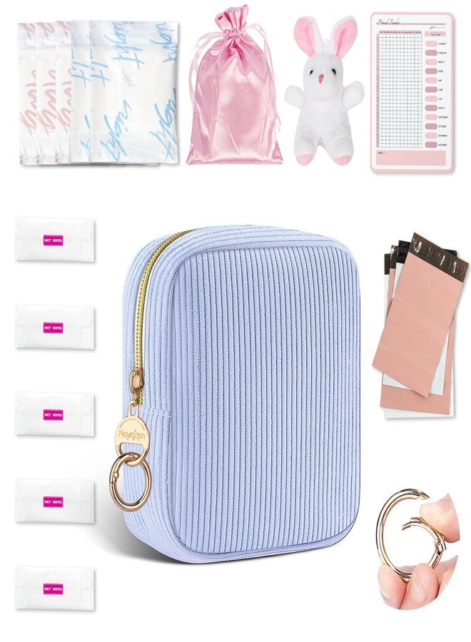 Playexen First Period Kit for Girls, Corduroy Cute Sanitary Napkin Storage Bag, Menstrual Pad Bag Tampon Holder for Purse, First Period Gifts (Blue - Image 1