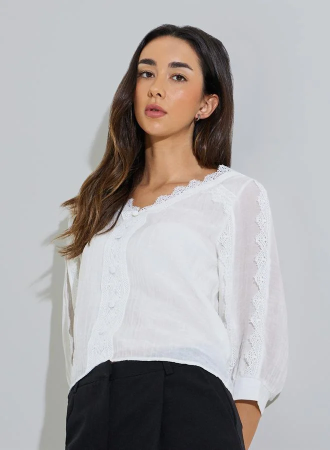 ستايلي White Long Sleeve Lace Trim Blouse