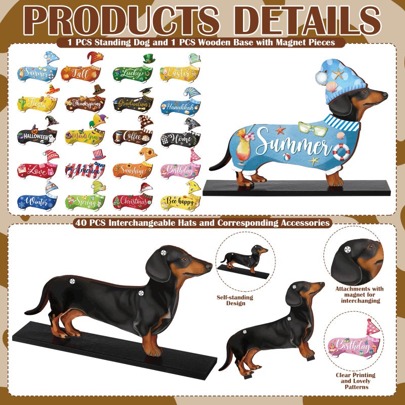 Anglechic 42 Pcs Interchangeable Easter Dachshund Holiday Wiener Dog Decor Seasonal Welcome Sign Tier Tray Decoration Ornament Farmhouse Wood Home Office Desk Accessories for Women Pet Lover Gift - Image 3